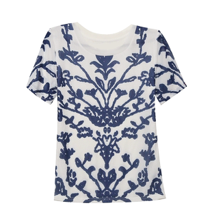 夏装新款短袖T恤女秋装青花瓷印花洋气减龄小衫遮肚子网纱上衣潮