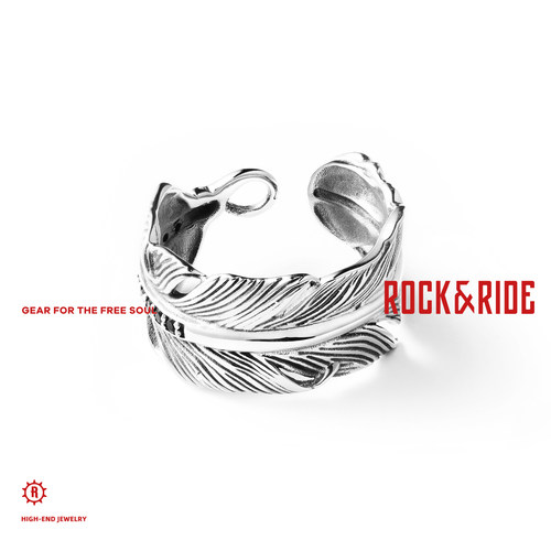 ROCKRIDE 黑曜石羽毛戒指 纯银开口男士情侣男款银饰潮流复古送礼