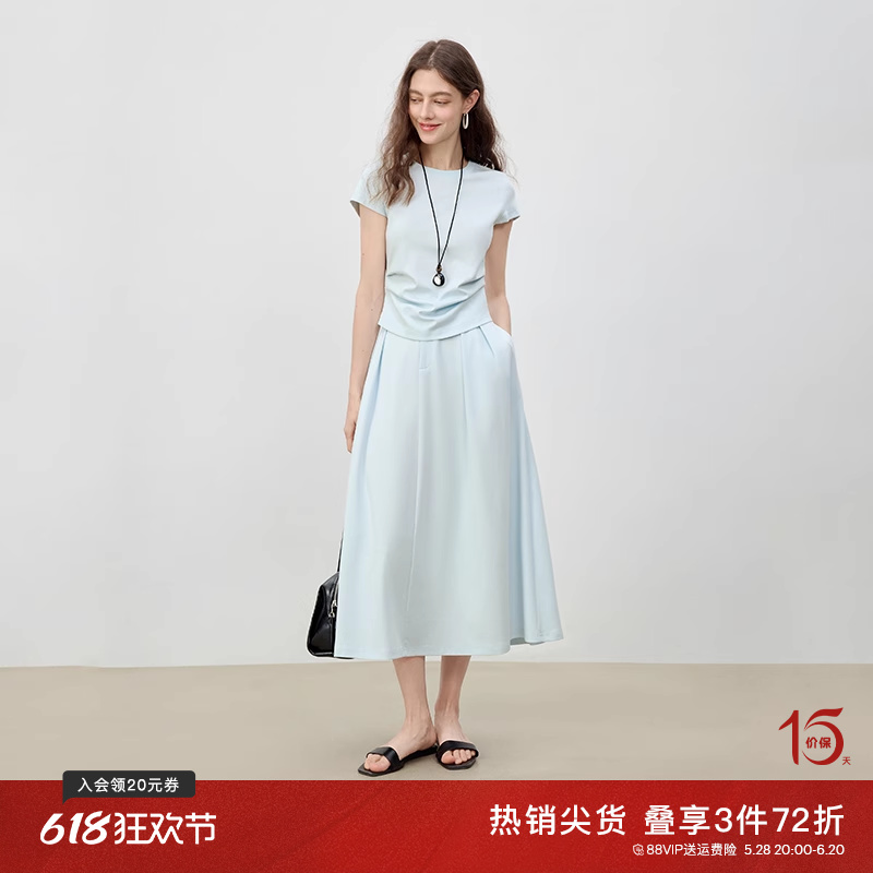 自巧小个子独特漂亮掐腰上衣半裙套装女2025新款夏季蓝色短袖t恤
