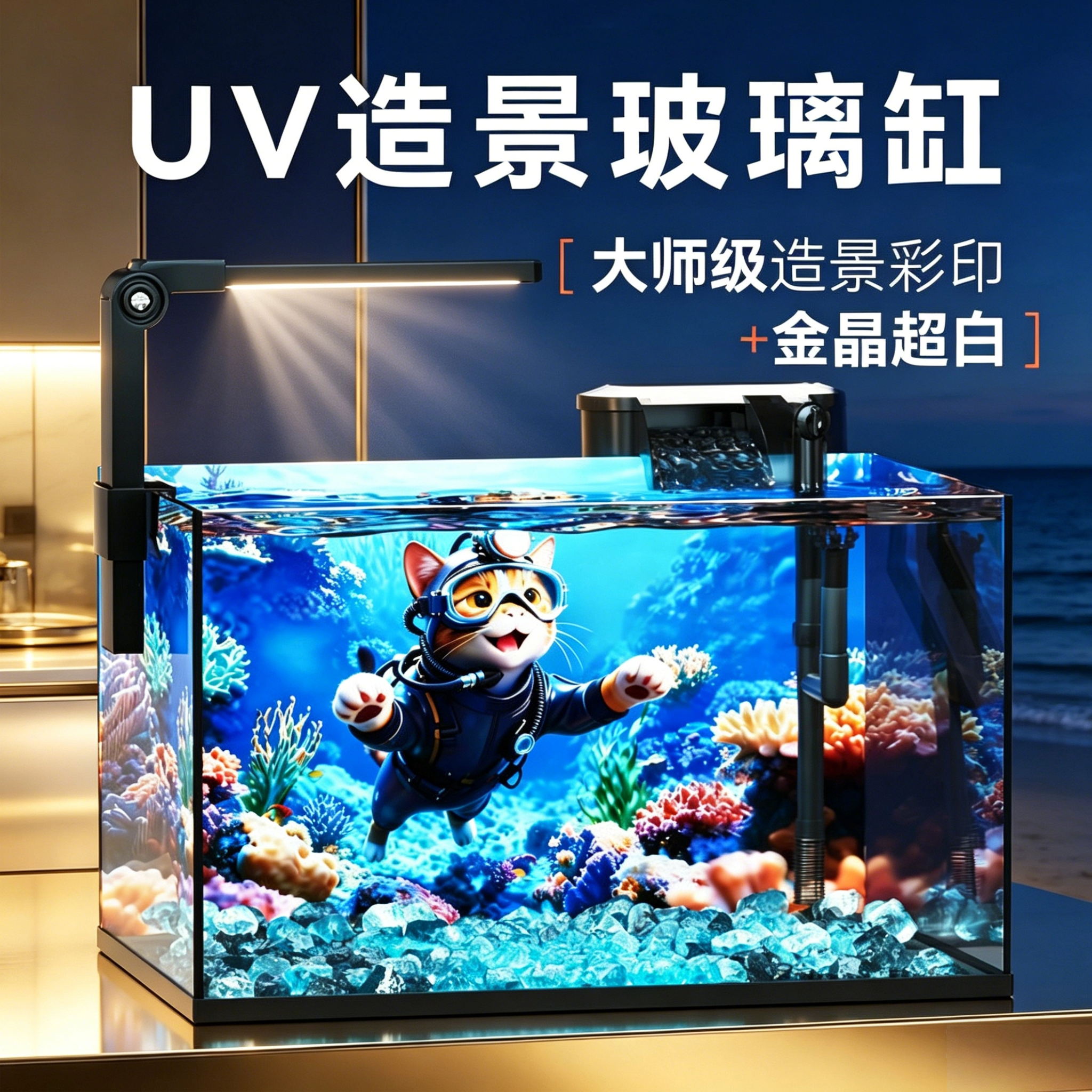 金晶超白玻璃鱼缸UV造景缸带过滤一体高透小型客厅桌面生态溪流缸