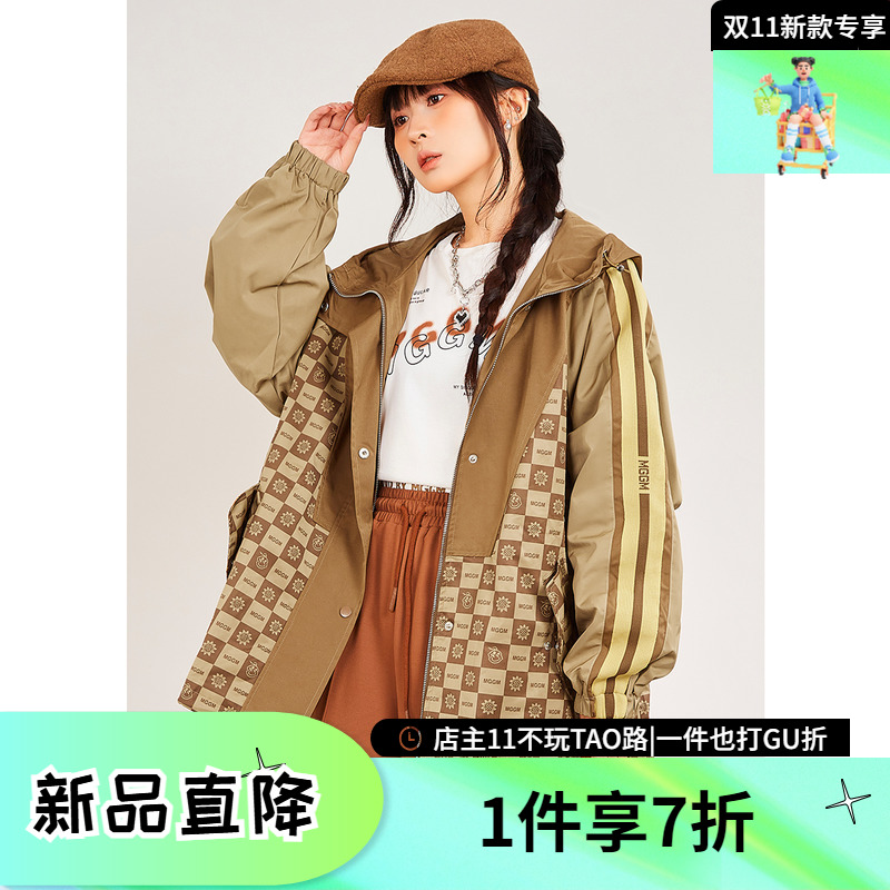 商场同款木果果木2024新款美式复古风宽松oversize连帽风衣外套