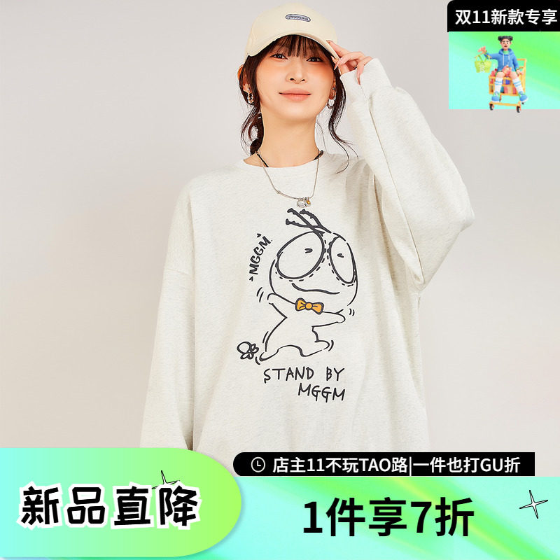 木果果木2024秋季新款宽松落肩袖奇迹印花小众减龄圆领卫衣女