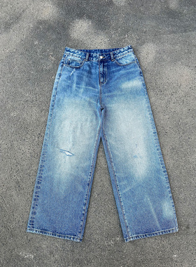 Erole 25ss丹宁釉蓝13.5盎司破坏做旧baggy宽松阔腿牛仔裤冰蓝