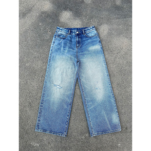 Erole 冰蓝 25ss丹宁釉蓝13.5盎司破坏做旧baggy宽松阔腿牛仔裤