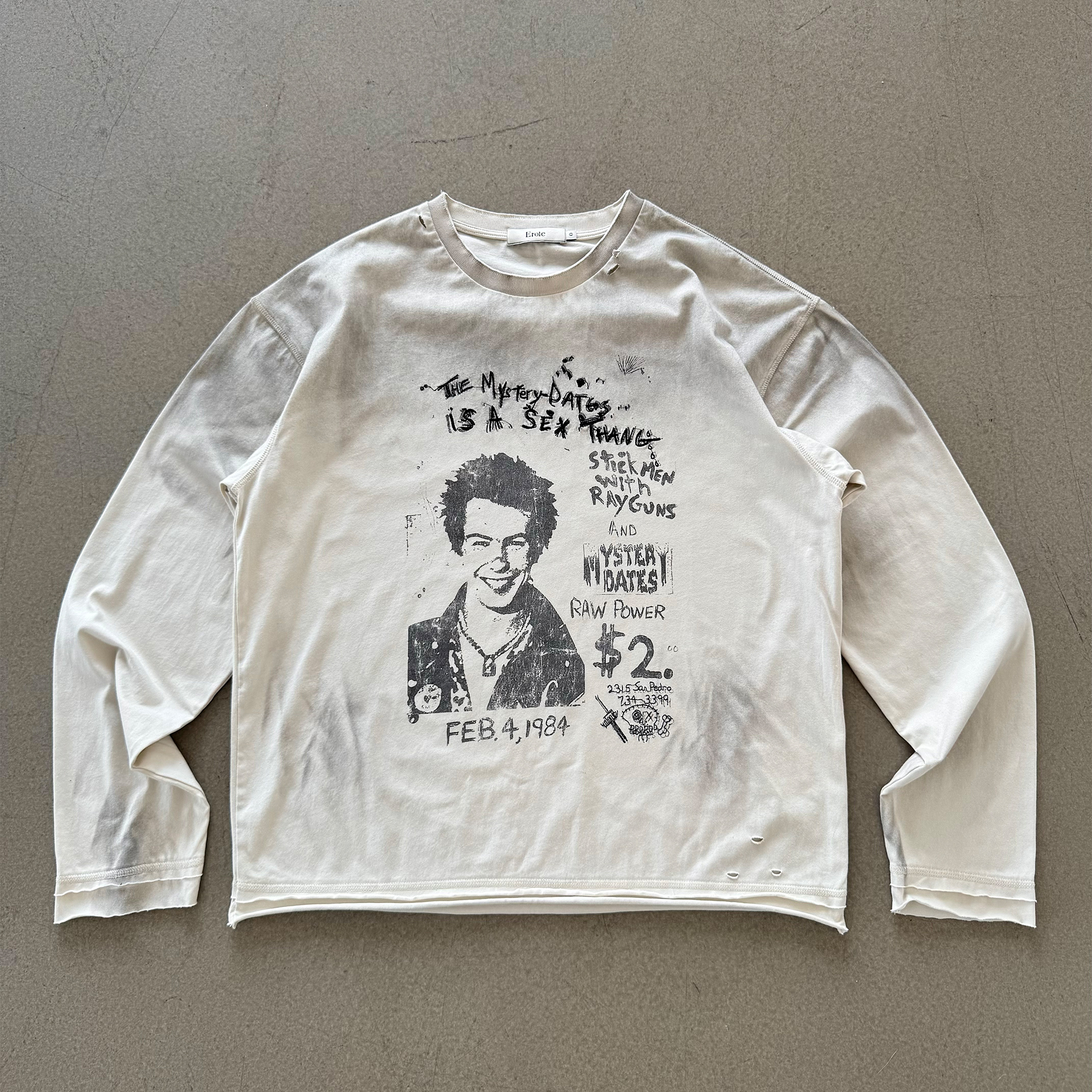 Erole 叛逆暴徒脏染做旧水洗双袖破坏刺绣印花200g长袖T恤vintage