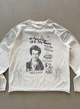 Erole 叛逆暴徒脏染做旧水洗双袖破坏刺绣印花200g长袖T恤vintage