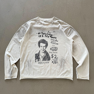 Erole 叛逆暴徒脏染做旧水洗双袖破坏刺绣印花200g长袖T恤vintage