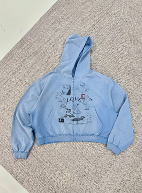 Erole  PuppyのLove 小白的记忆 月光蓝做旧喷染拉链帽衫