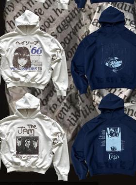 Erole 涩谷女孩500g克重磅鱼鳞毛圈纯棉水洗做旧破坏印花帽衫卫衣