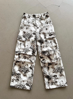 Erole 豹纹仿皮草数码渐变印花cargo工装裤 百搭宽松直筒街头长裤