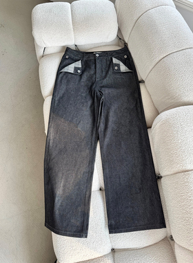 Erole 千鸟格活页贴布百搭黑原牛baggy宽松直筒牛仔裤 全YKK辅料