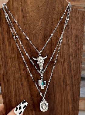 西部牛仔风帽子项链女式多层