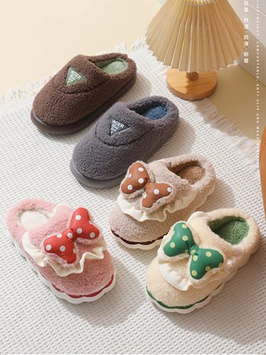 2023秋冬新款蝴蝶结花边在逃公主女拖EVA踩屎感厚底棉拖