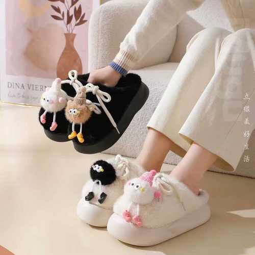 2024秋冬新款学生宿舍绑带可爱女款休闲小煤球增高厚底大头棉拖鞋