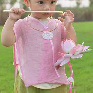 儿童汉服女童无袖马甲唐装男童国风宝宝粉色衬衫吊带宋裤三件套