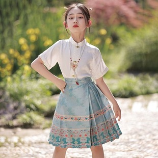 新华服女童汉服明制马面裙国风夏季毕业季国风儿童荷叶边套装帅气