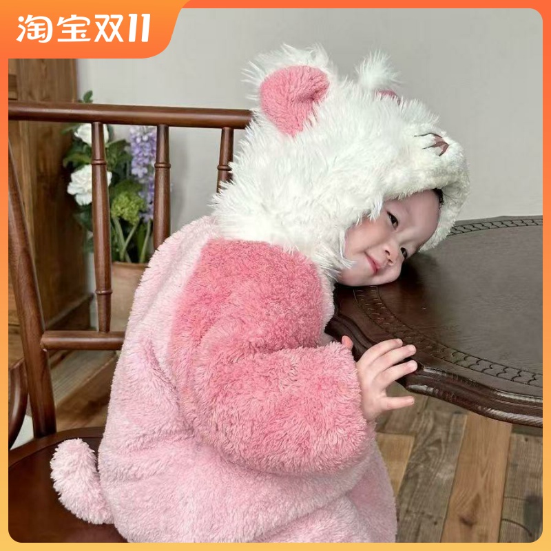 小猫女宝宝爬爬服冬季儿童加绒连体衣睡衣女童珊瑚绒婴幼儿家居服