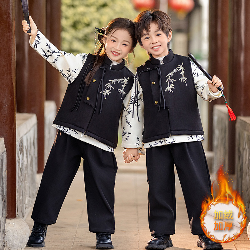 儿童表演服冬季汉服中国风加绒枫叶三件套中大童演出服男女童套装