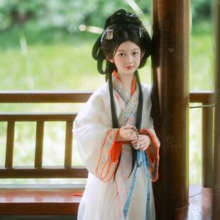 战国袍女童汉服白色广袖宝宝儿童交领长襦裙直裾裙子演出服魏晋风