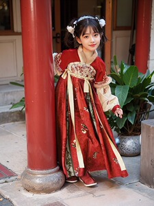 女童汉服春款新款连衣裙民族风红色半袖毛绒长款小女孩开学国风