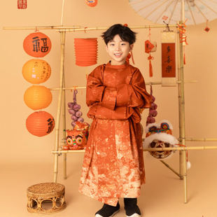拍照服装 汉服男童唐装 中国风复古儿童古装 子套装 拜年服 晕染红袍裤