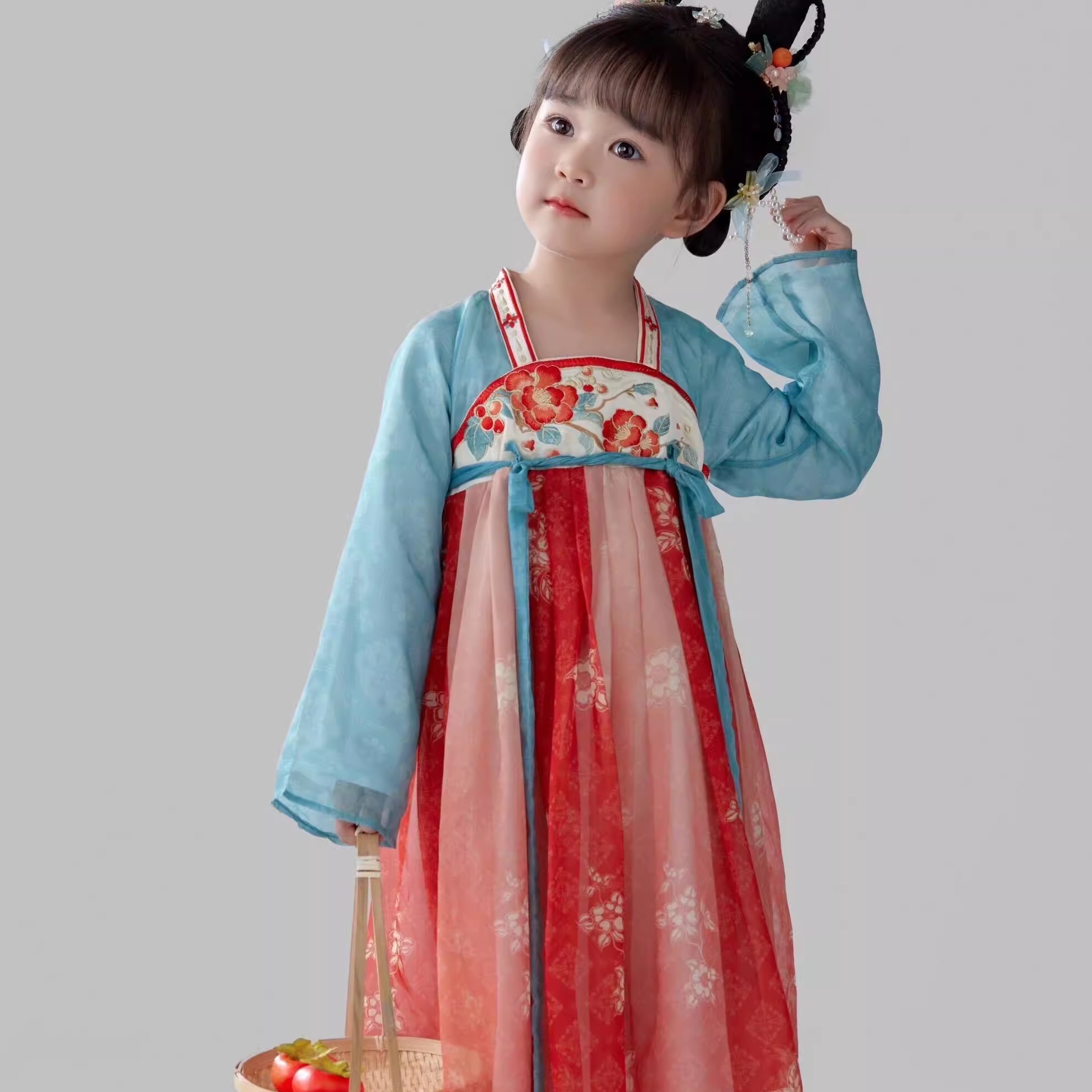 海棠花开女童汉服儿童唐代襦裙连衣裙国风刺绣长袖表演服中秋国庆