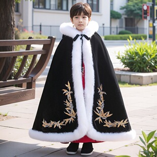 竹子公子冬款汉服外出连帽斗篷儿童过年保暖加绒披风男女宝加厚黑