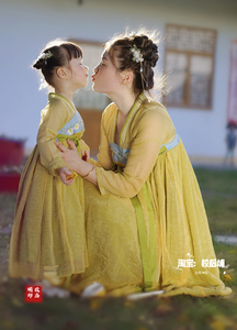 女童汉服亲子装母女装秋款黄色亮色古装唐朝2023年新款儿童连衣裙