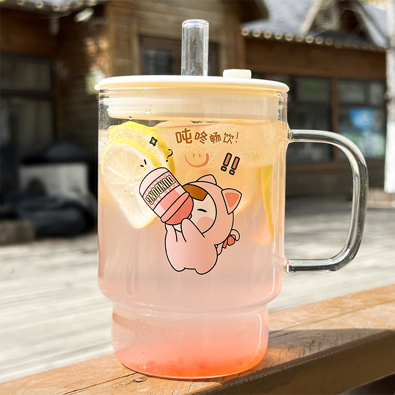 新款玻璃杯女带吸管杯子大容量把手冰霸杯家用耐热办公室泡茶水杯