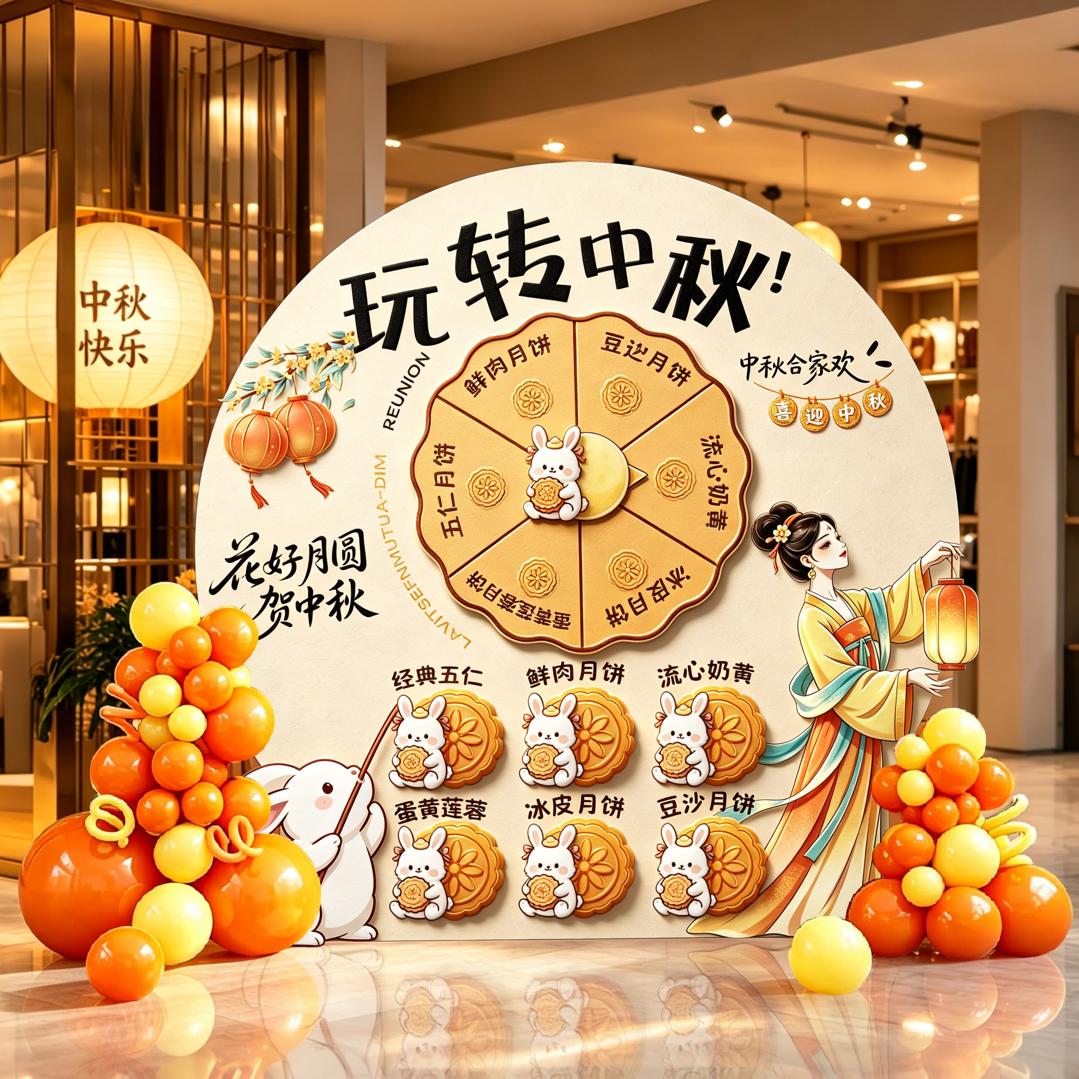 中秋节幸运转盘抽奖游戏道具kt板氛围装饰店铺国庆节活动布置道具