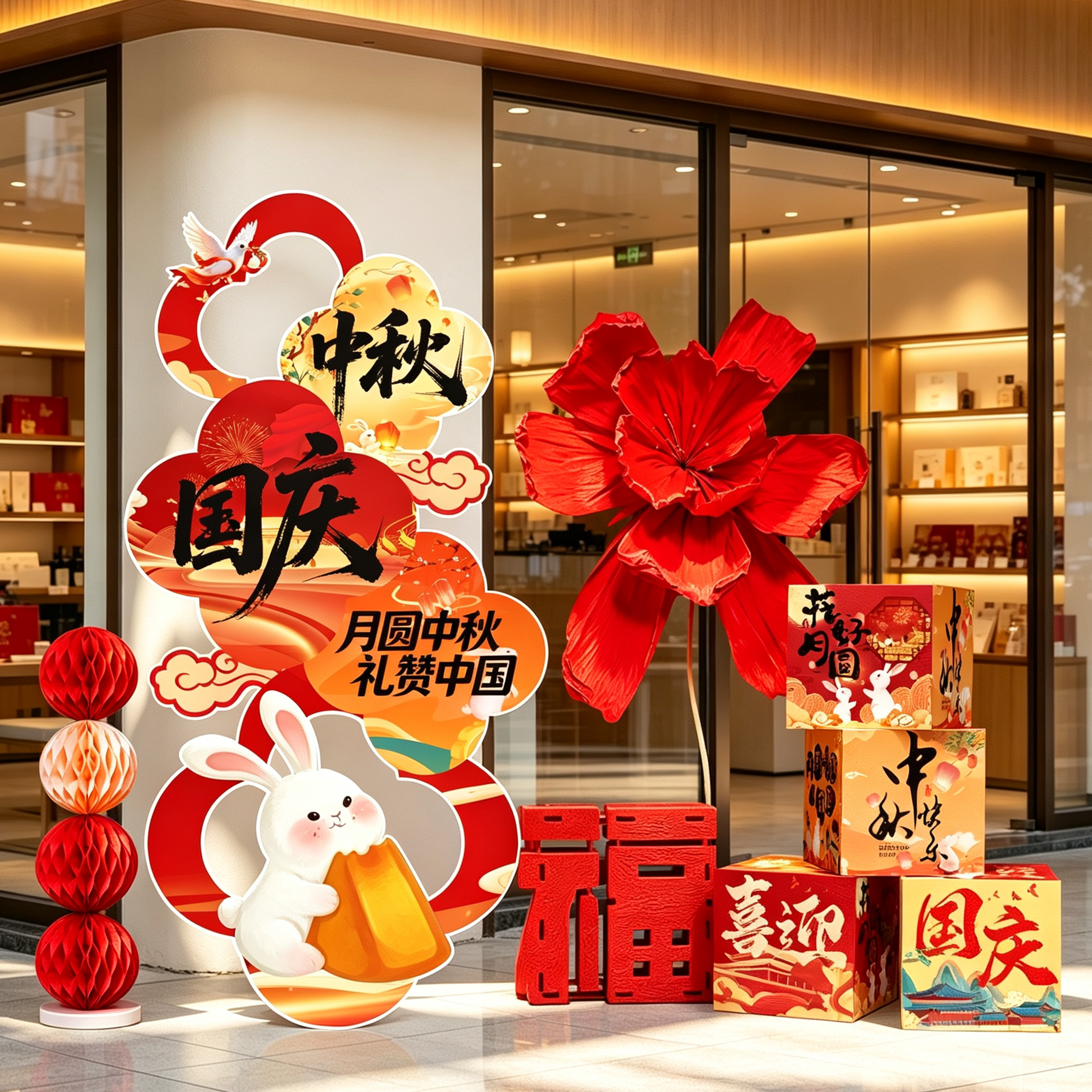中秋节氛围装饰国庆节场景布置珠宝店铺门口打卡摆件立牌道具kt板