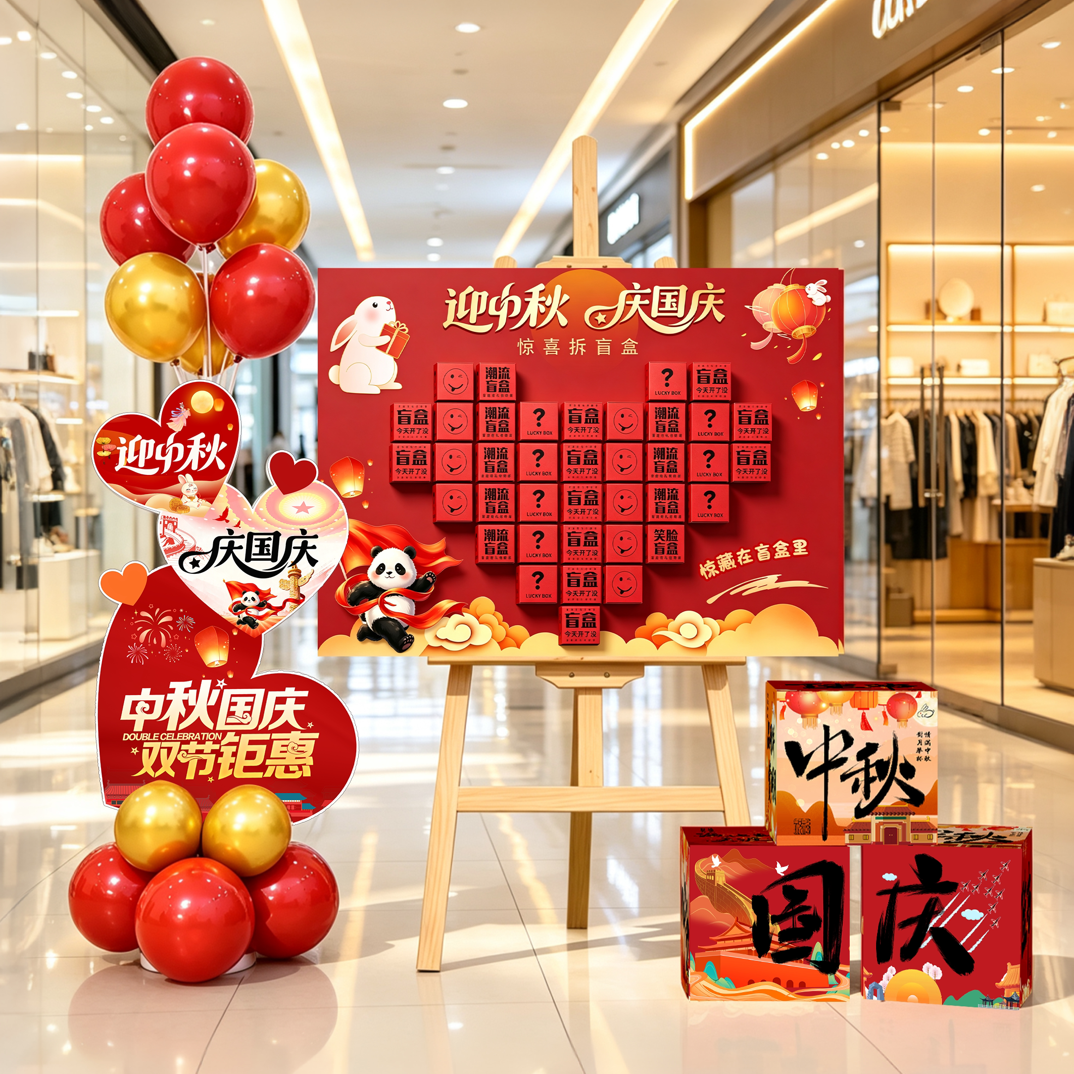 中秋国庆场景布置kt板惊喜拆盲盒抽奖互动游戏门店氛围装饰背景板