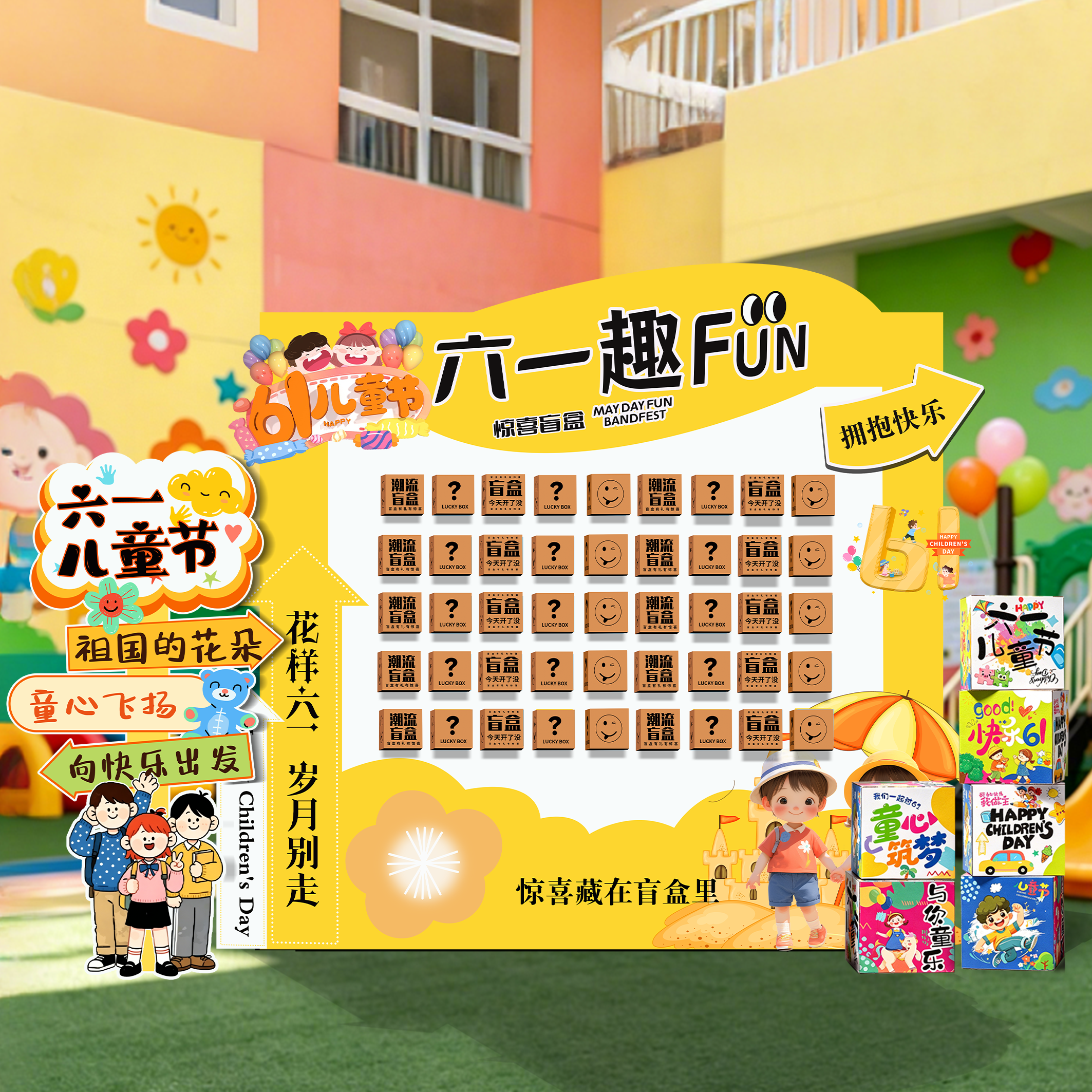 六一儿童节氛围布置装饰学校店铺活动惊喜盲盒抽奖背景墙打卡kt板
