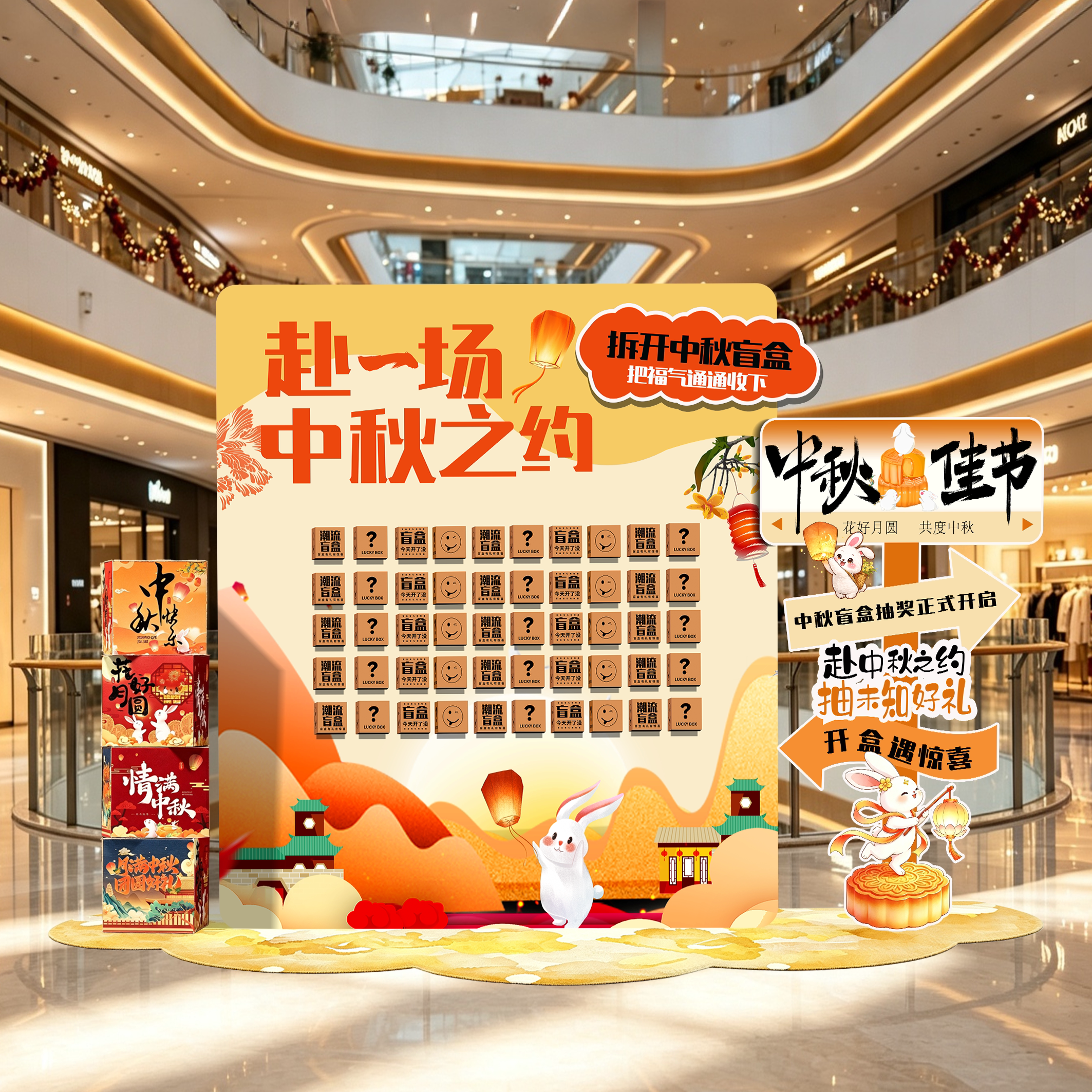 中秋节布置盲盒抽奖游戏场景布置国庆氛围珠宝店商场装饰互动kt板