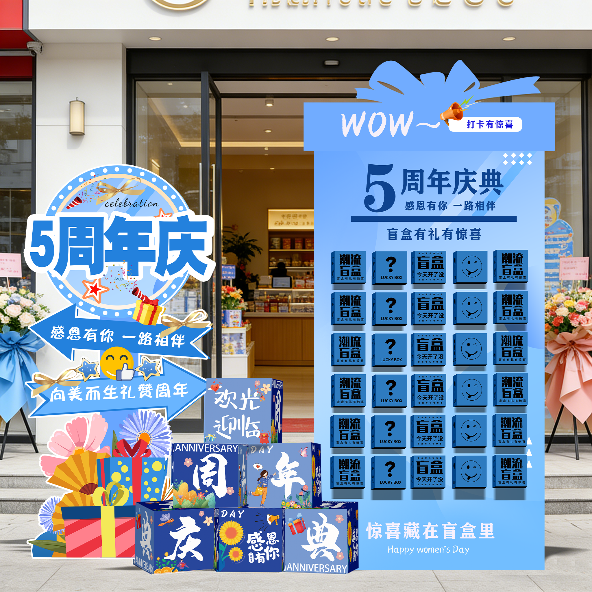 5周年庆场景布置氛围盲盒kt板公司店铺拍照道具店庆活动气氛装饰