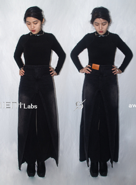 Silent Labs解构设计高级感正反两穿假两件黑灰色宽松牛仔裤ins