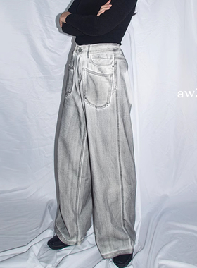 Industrial rock工业朋克设计感废土风刷色复古做旧牛仔裤热卖