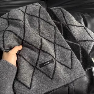 骑行围巾男式品质高级感含羊毛菱格双面针织冬加厚气质韩系情侣围