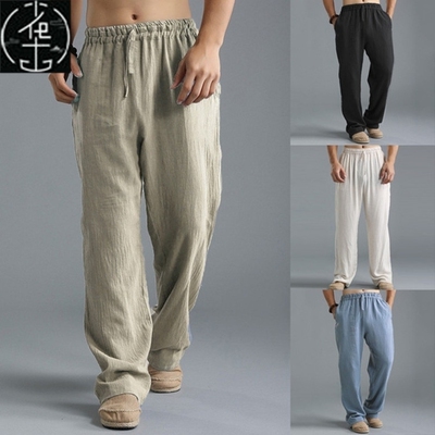 Cotton Linen Loose Trousers Men Summer Cargo Pants 亚麻男裤