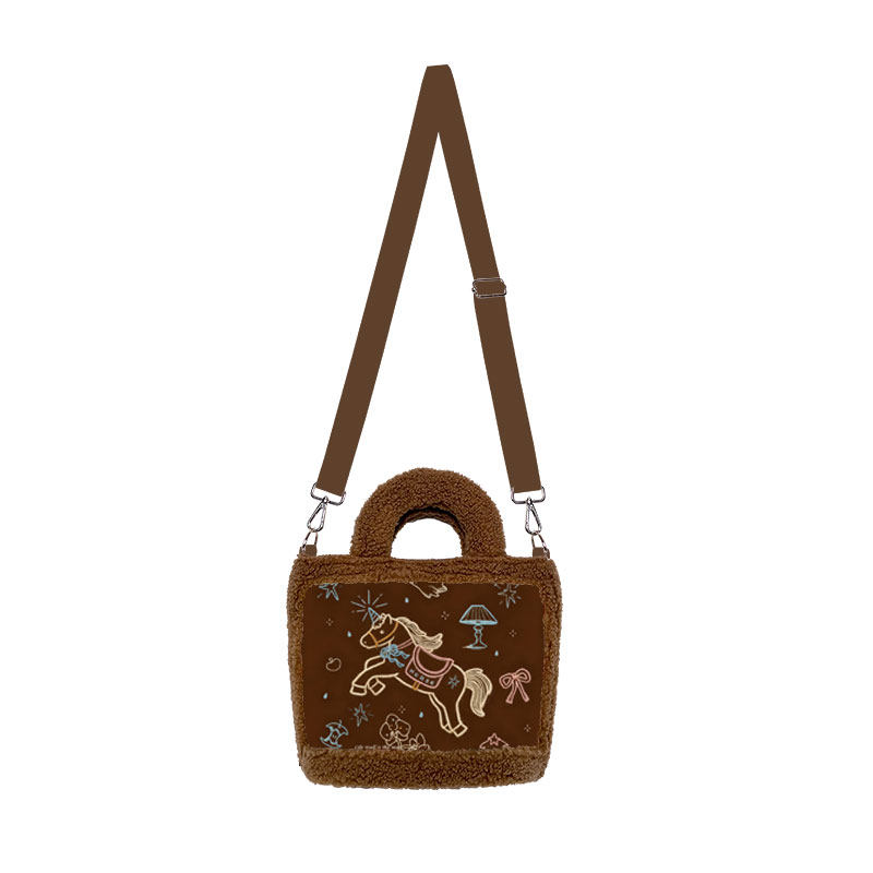 尼睿2025冬季新款童话小马咖色羊羔绒斜挎包慵懒百搭帆布包女Z092,箱包皮具/热销女包/男包,通用款女包,淘宝优惠券,粉丝福利购,淘宝优惠卷