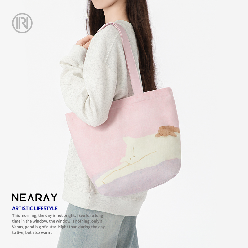 尼睿软萌猫咪小熊图案帆布包