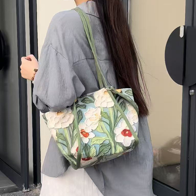 尼睿设计师原创新款油画花卉百搭小众休闲单肩包书店帆布包Q244