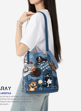 尼睿新款原创牛仔猫狗时尚百搭单肩包小众日常通勤托特包女Q186