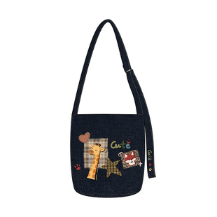 尼睿新款 小众牛仔印花单肩包动物园之星椭圆底水桶包帆布包Z074