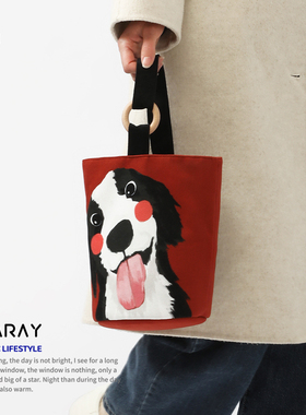 尼睿原创新款红色手提包可爱卡通狗狗水桶包原创通勤帆布包女AC