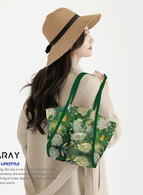 尼睿原创绿色森系桔梗花单肩包文艺清新休闲高级感品质帆布包AC