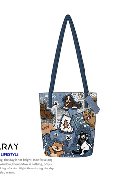 尼睿小狗快乐世界原创帆布包可爱时尚单肩水桶包上班通勤包包Q186