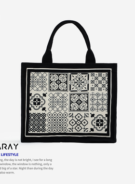 尼睿新款欧美复古手拎包黑色百搭小方包文艺高级感帆布包手提袋AD