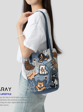 尼睿新款原创帆布包可爱牛仔印花时尚单肩水桶包上班通勤包包Q186