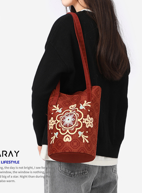 尼睿新款原创定制红色复古水桶包文艺国风日常通勤单肩包帆布包AC